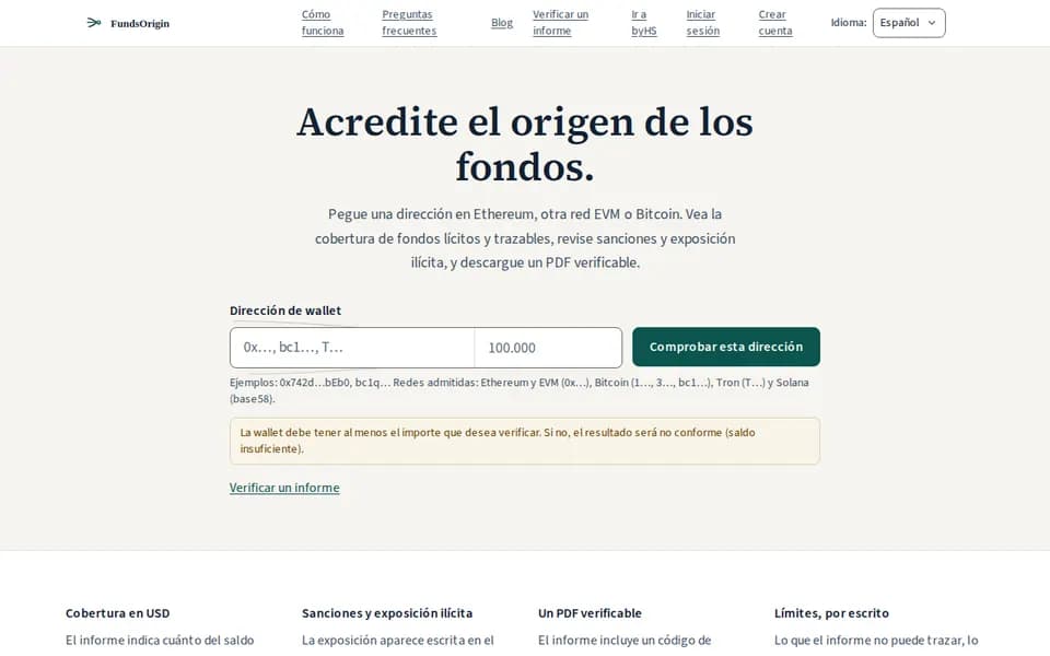 Portada de la web de FundsOrigin: formulario para comprobar el origen de los fondos de una wallet.